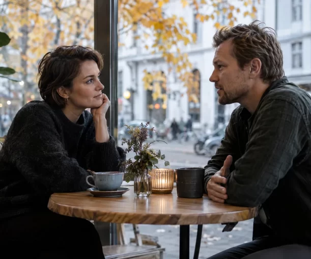 To voksne har en rolig samtale over kaffe på en kafé