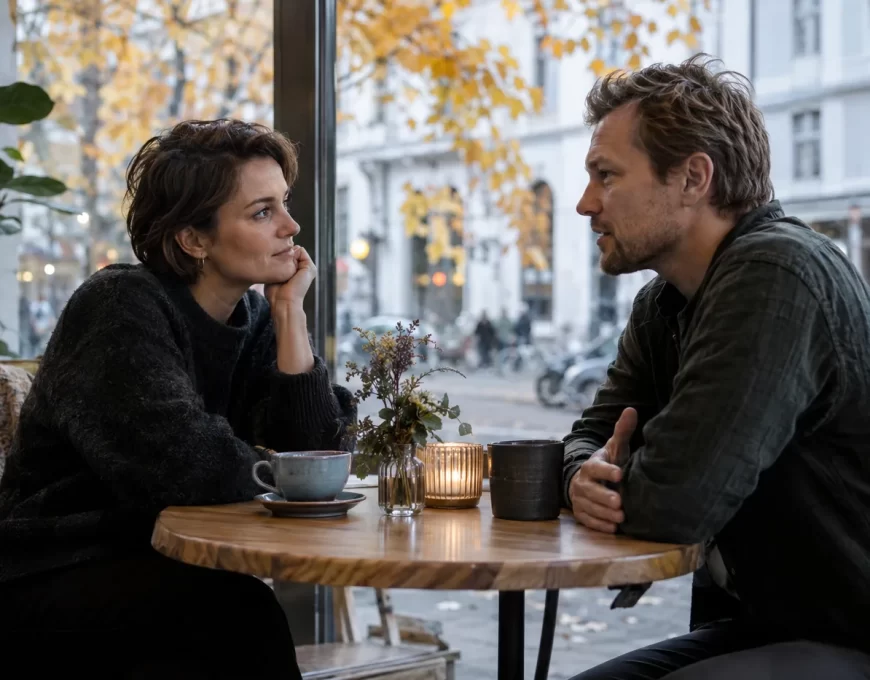 To voksne har en rolig samtale over kaffe på en kafé