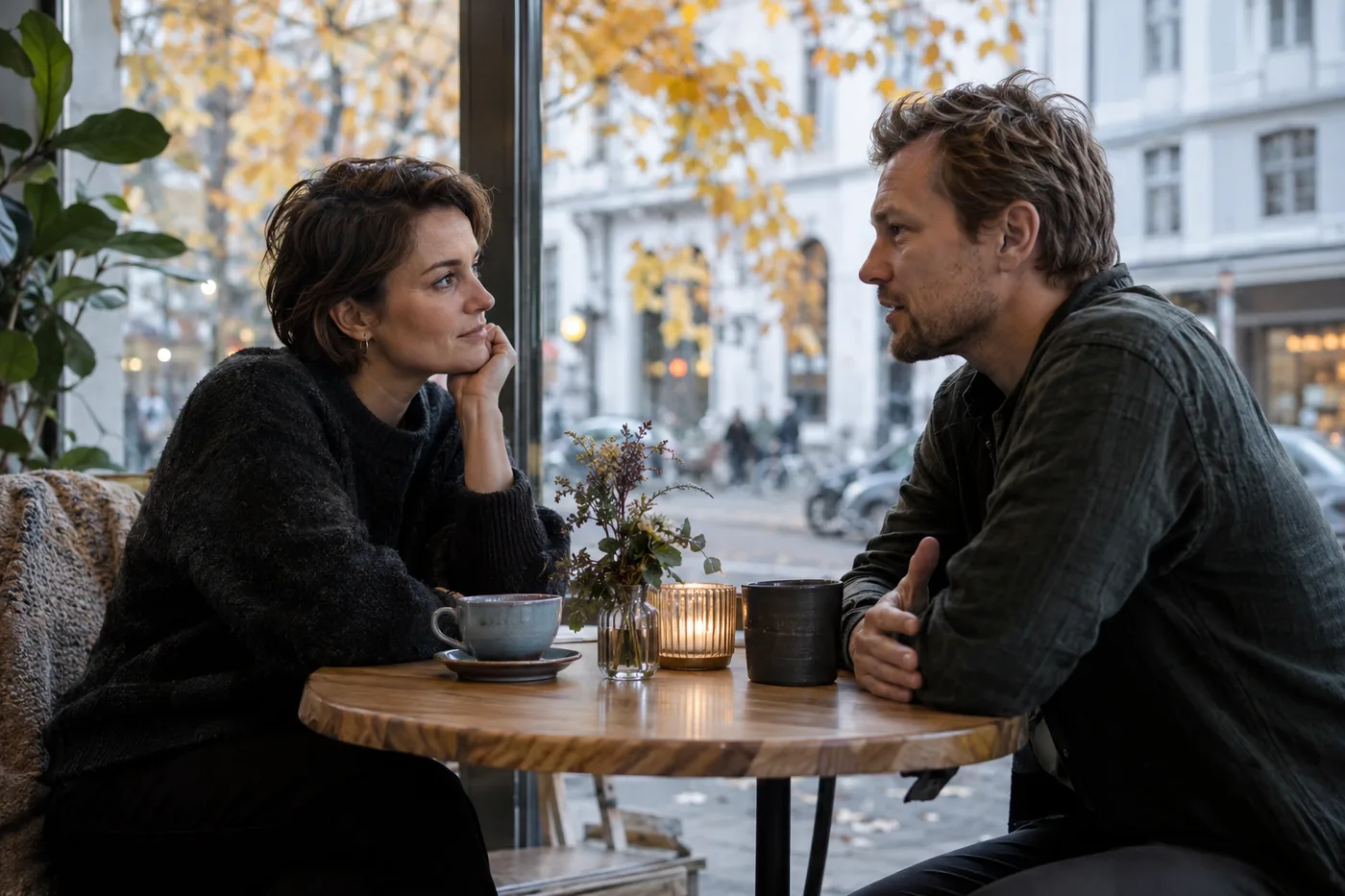 To voksne har en rolig samtale over kaffe på en kafé