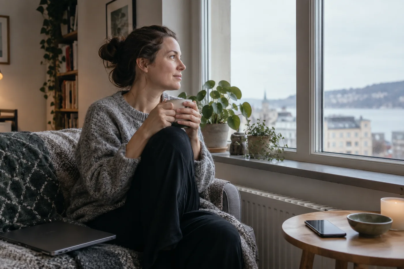 En voksen kvinne tar en rolig pause med te ved vinduet