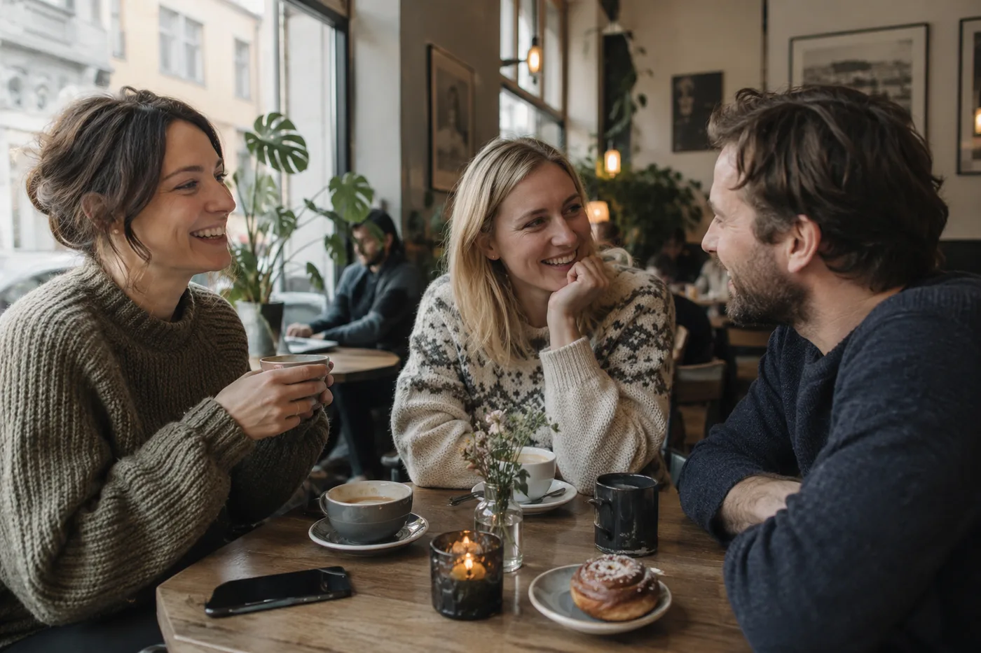 Tre voksne venner møtes til kaffe og en hyggelig samtale